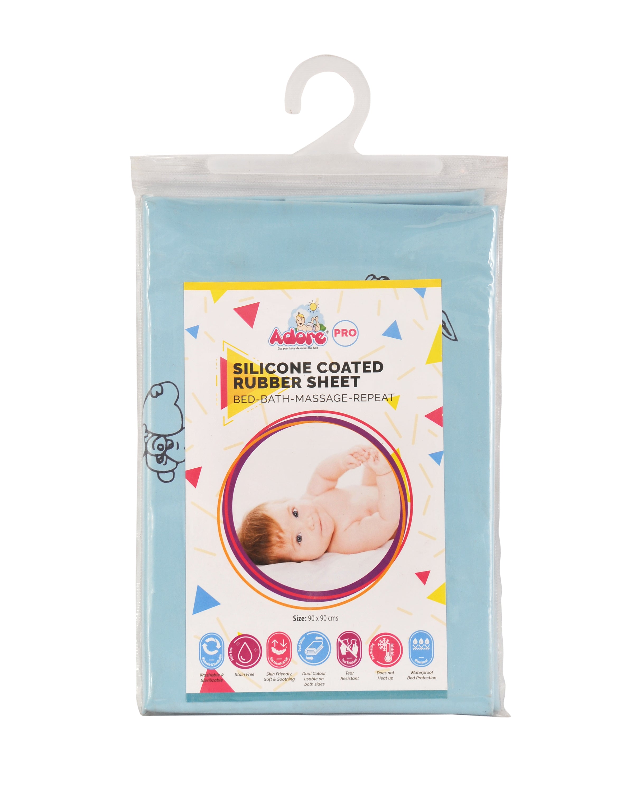 Adore Baby Silicone Coated Baby Rubber Sheet -Bed – Bath – Massage - Repeat - 90*90 - Blue