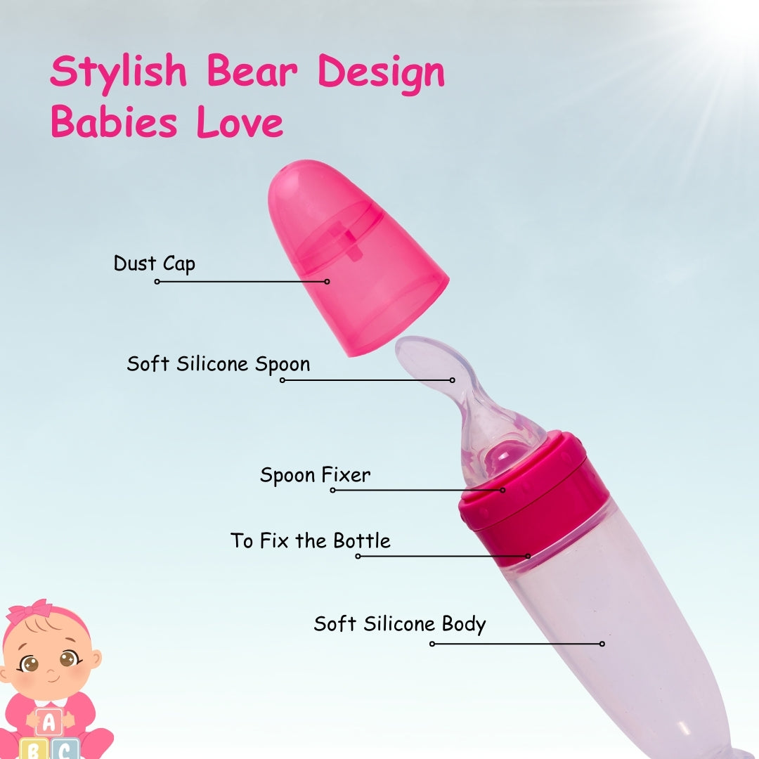 Adore Mr.Bear Baby Premium Silicon Squeeze Feeder with Cap & Storage Case- 100ml- Pink