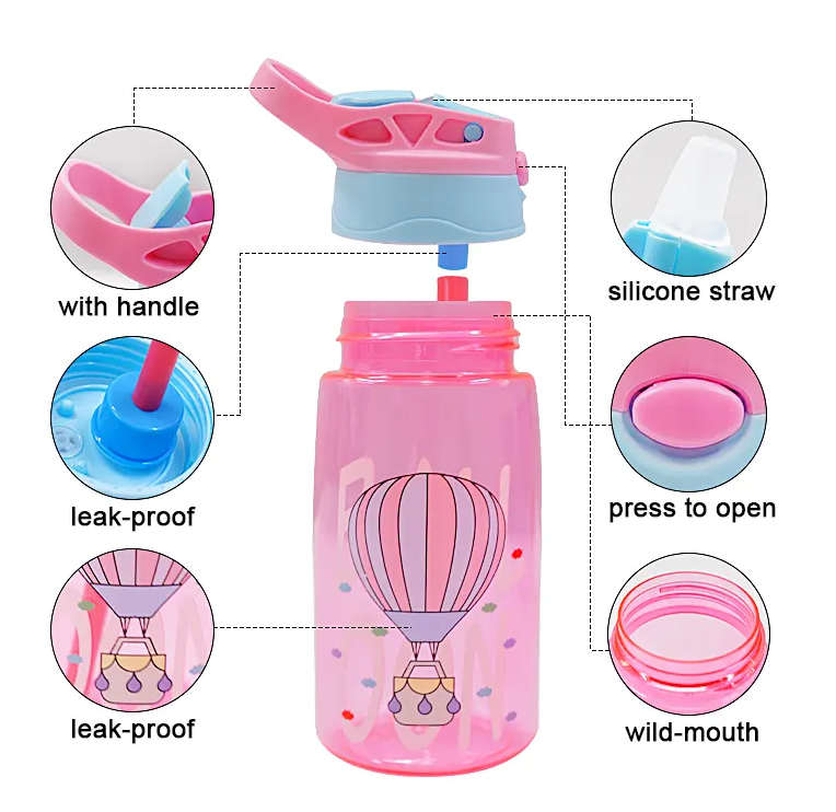 Adore Basics Land Era Straw Sipper Water Bottle with Handle - 500 ml Pink hot Balloon
