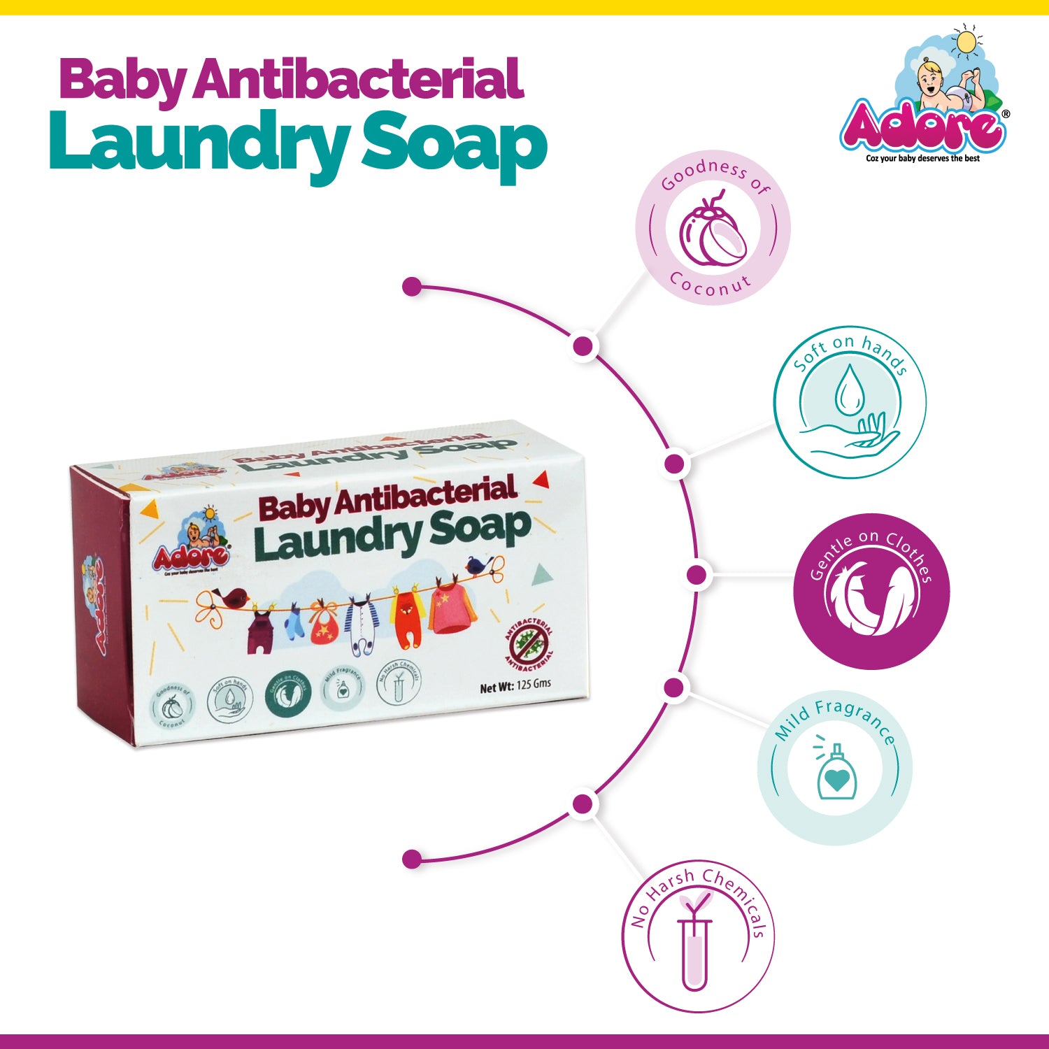 Adore Baby Anti-bacterial Laundry Soap Pack of 12 Pieces - 125 gm Each