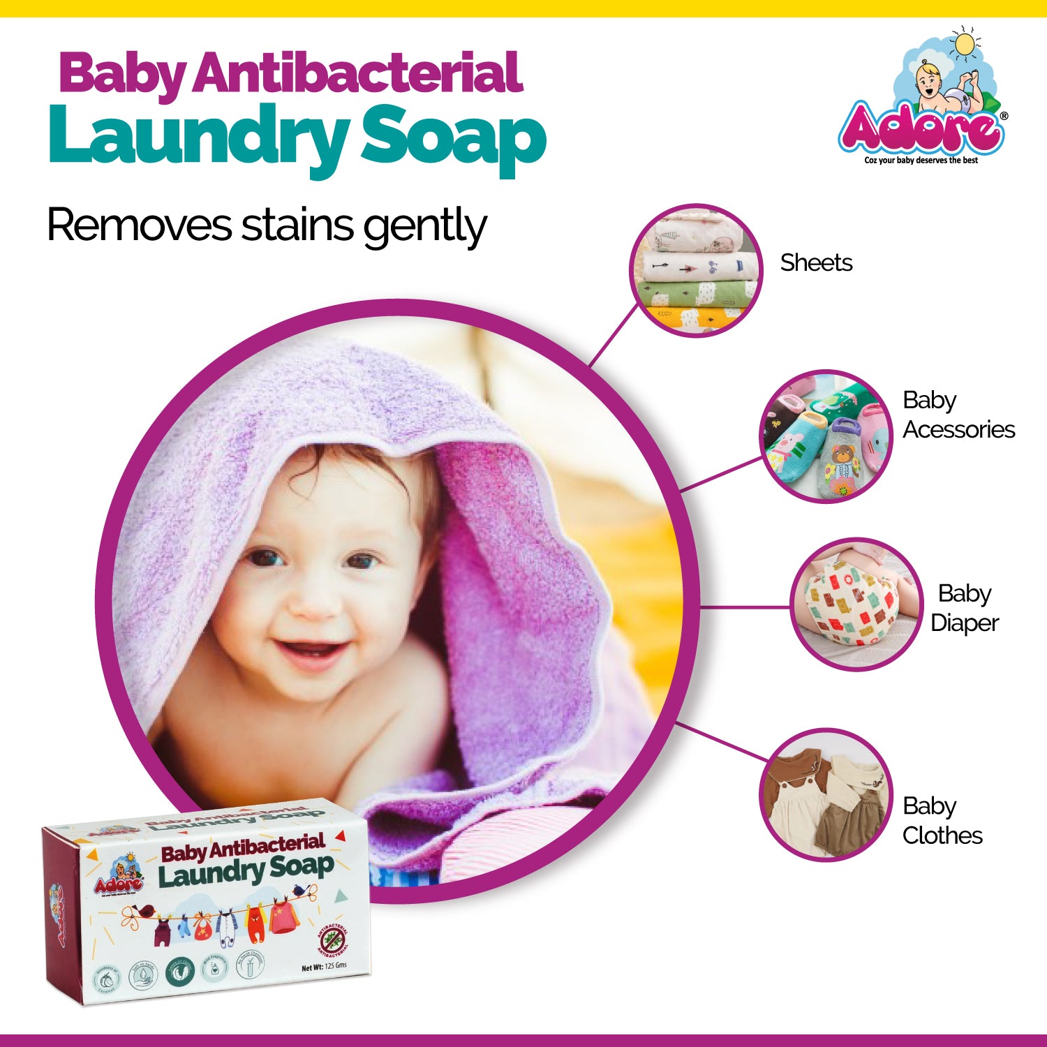 Adore Baby Anti-bacterial Laundry Soap Pack of 10 Pieces - 125 gm Each