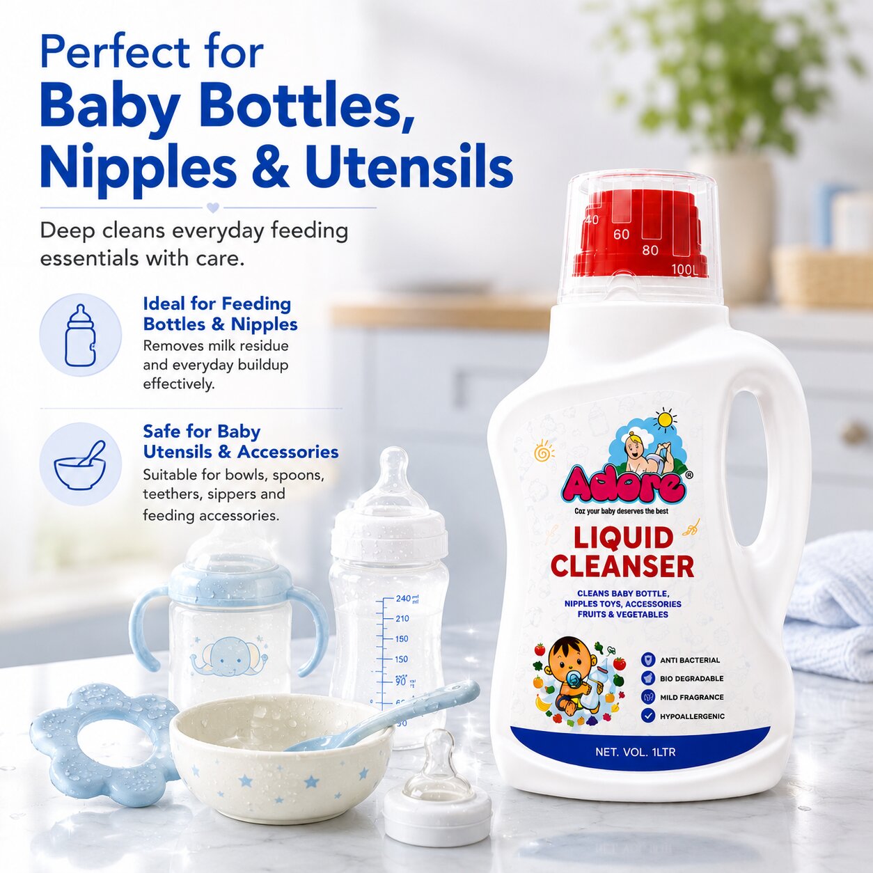 Adore Baby Bottle, Nipple & Vegetable Liquid Cleanser 1000ml- Bottle Pack