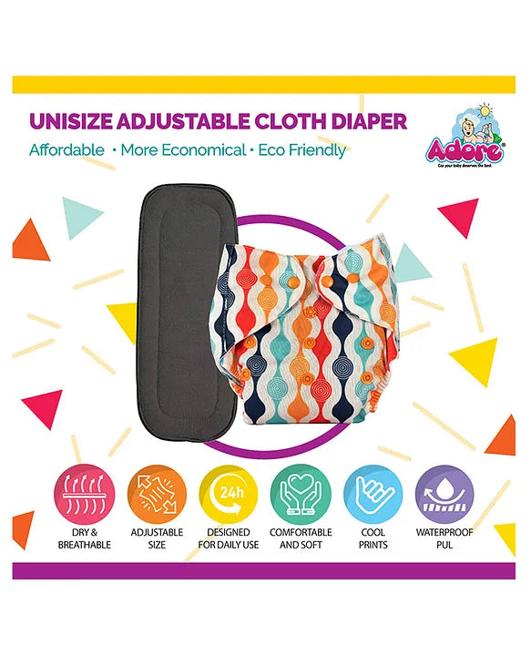 Adore Unisize Adjustable Cloth Diaper With 5 Layered Charcoal Insert Abstract Print - Rainbow Multicolor
