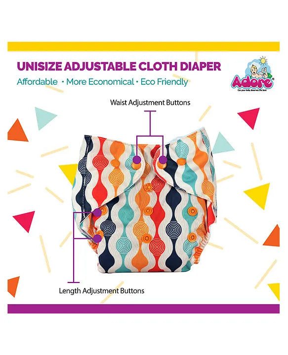 Adore Unisize Adjustable Cloth Diaper With 5 Layered Charcoal Insert Abstract Print - Rainbow Multicolor