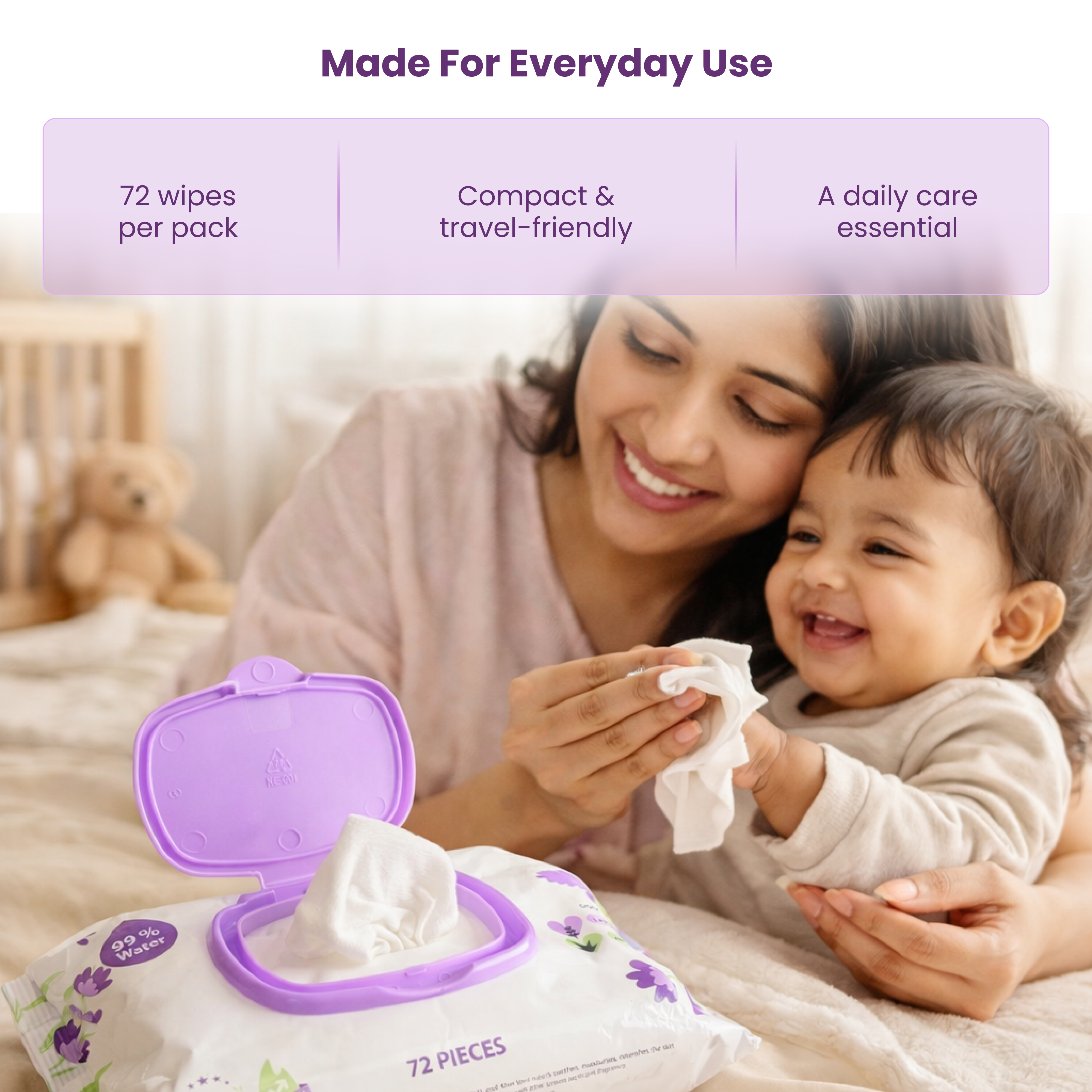 Adore Baby Lavender Wet Wipes with Goodness of Aloe-vera- 98% Pure Water- Pack of 72n Wipes* 1 Pack