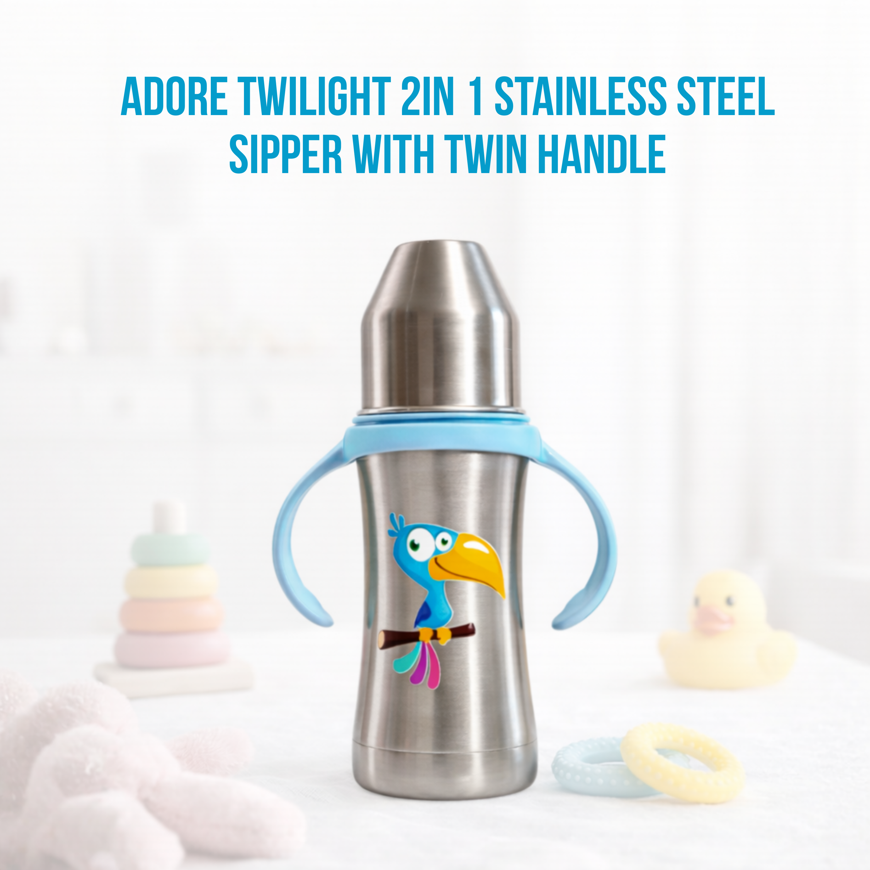 Adore Twilight 2in 1 Stainless Steel Sipper with Twin Handle 250ml - Blue Toucan