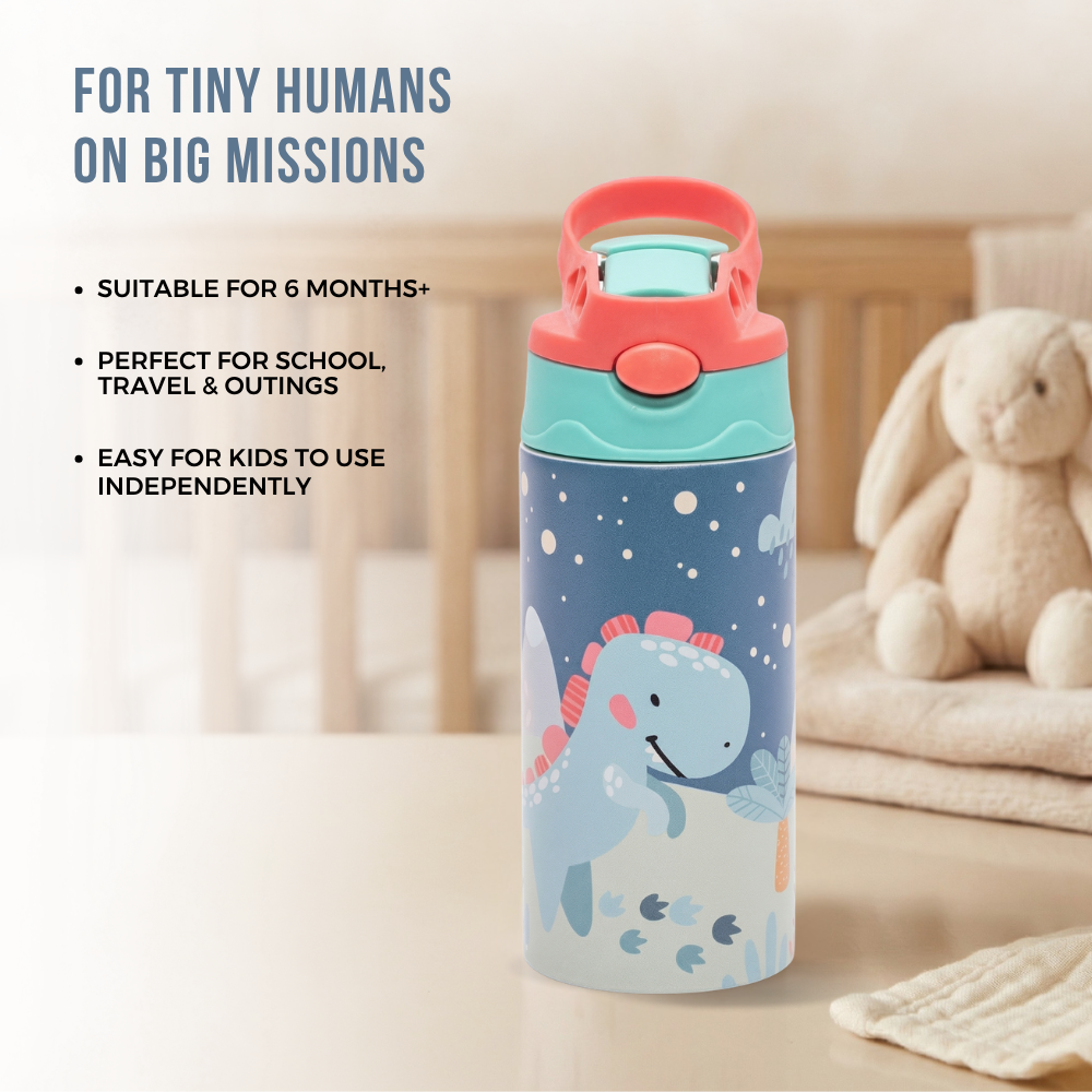 Adore Helios! Double Wall Insulated Stainless Steel Sipper 350ml- Blue Sky Dino