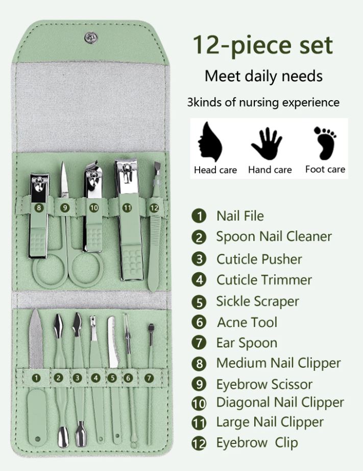 Adore KAMIKAZE! 12 pc Pedicure ,Manicure & Ear Cleaning set with case - Green