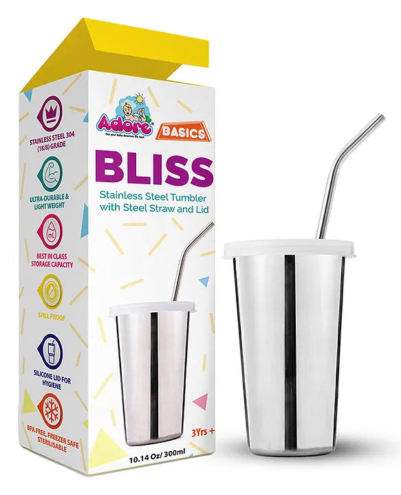 Adore Bliss Stainless Steel Tumbler with Lid, Hole Lid, Straw and Brush Set - 300 ml Plain