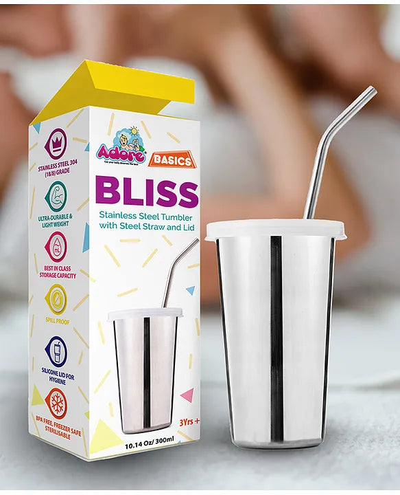 Adore Bliss Stainless Steel Tumbler with Lid, Hole Lid, Straw and Brush Set - 300 ml Plain