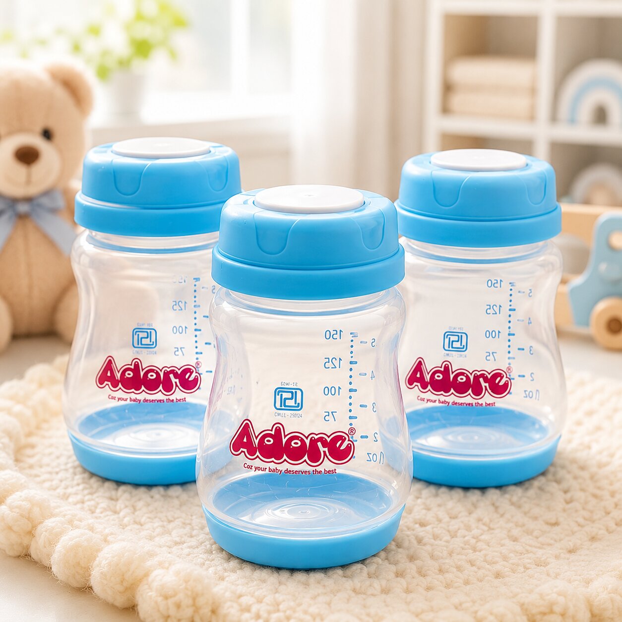 Adore Ahoy Breast Milk Storage Bottles 150ml Each Capacity Pack of 3 - Blue