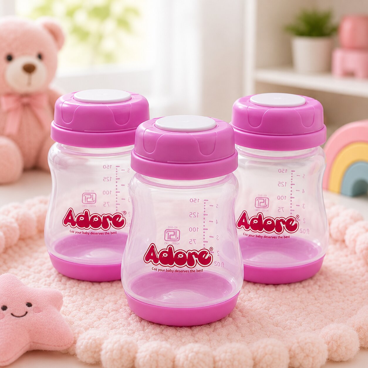Adore Ahoy Breast Milk Storage Bottles 150ml Each Capacity Pack of 3 - Pink