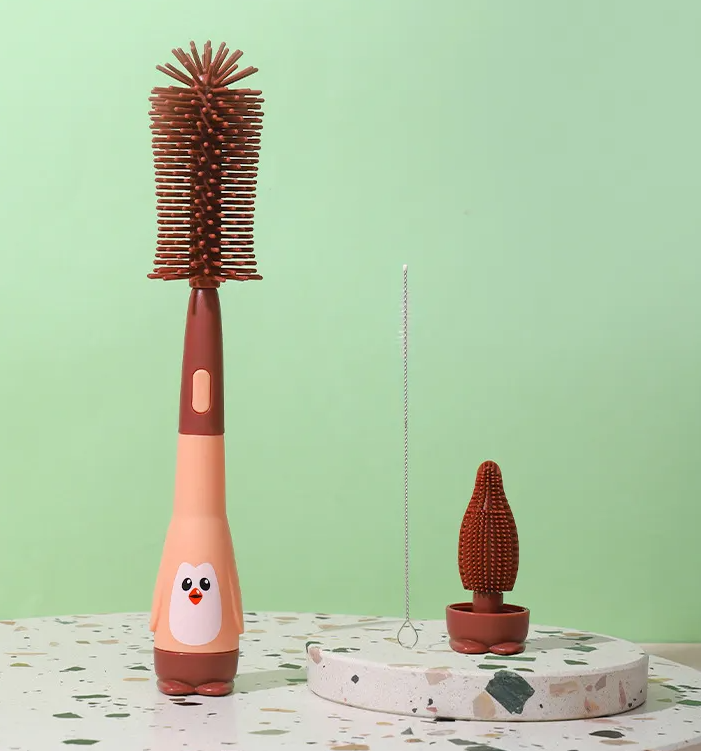 Adore Li'l Penguin 3 in 1 Silicone Scratch Free Bottle Cleaning Brush Kit - Pink