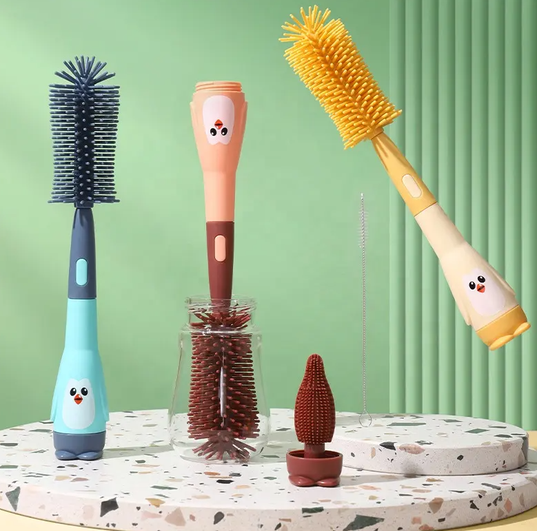 Adore Li'l Penguin 3 in 1 Silicone Scratch Free Bottle Cleaning Brush Kit - Pink