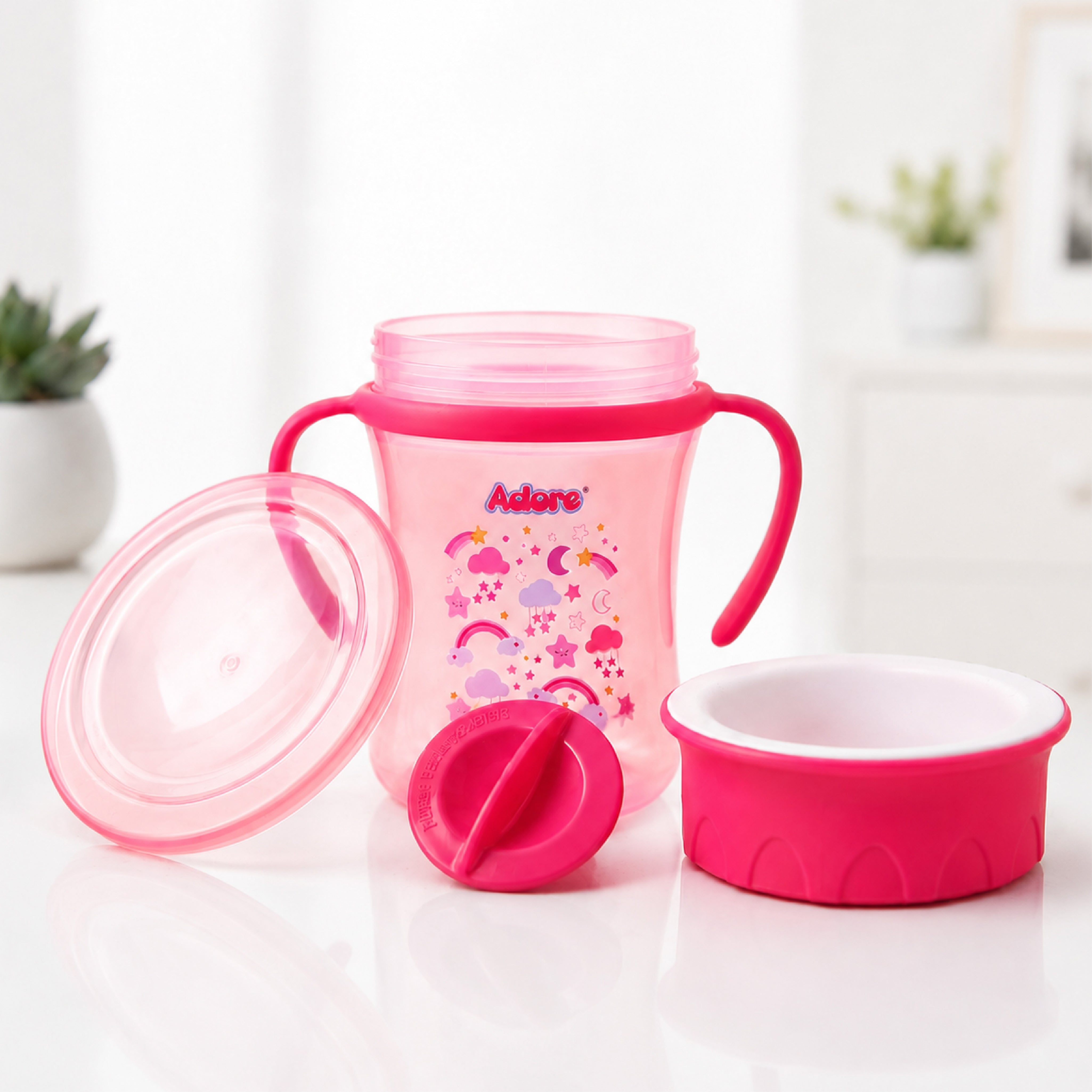 Adore Magic 360 Degree Spill Proof Sipper Cup with Handle 240 ml- Pink
