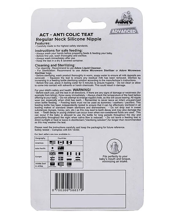 Adore ACT Anti Colic Teat Premium Matte Finish Narrow Neck Silicone Nipple - Pack of 2 -Slow