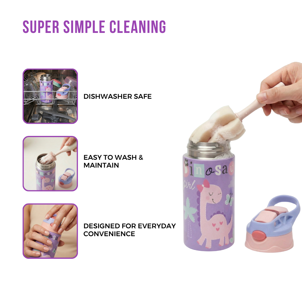 Adore Helios! Double Wall Insulated Stainless Steel Sipper 350ml- Purple Dino