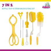 Adore 7 in 1 Baby Bottle Cleaning Brush kit with Scissor Tong- Multicolor