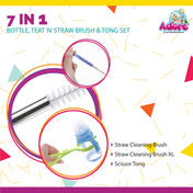 Adore 7 in 1 Baby Bottle Cleaning Brush kit with Scissor Tong- Multicolor