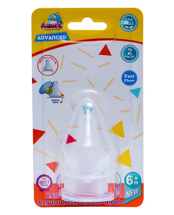 Adore ACT Anti Colic Teat Premium Matte Finish Narrow Neck Silicone Nipple - Pack of 2 -Fast