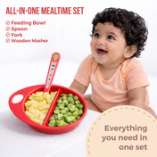 Adore Supper Hero Feeding Bowl with Spoon, Fork & Wooden Masher- Red