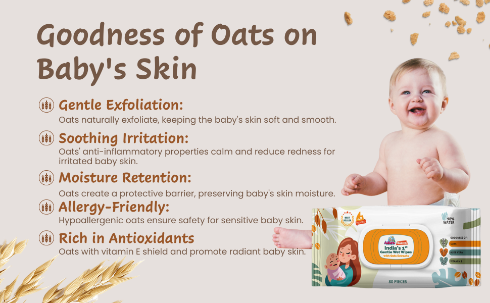 Adore Basics India's First Ever Baby Wet wipes with Oat Extracts- 98% Water-Goodness of Aloe vera & Vitamin with lid- Pack of 80pc*5 Packs