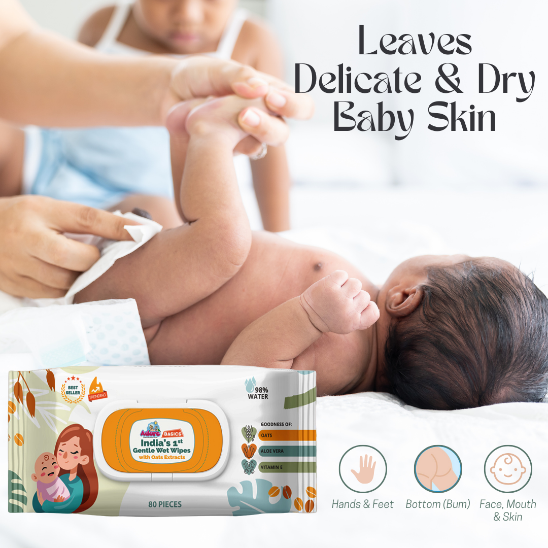 Adore Basics India's First Ever Baby Wet wipes with Oat Extracts- 98% Water-Goodness of Aloe vera & Vitamin with lid- Pack of 80pc*5 Packs