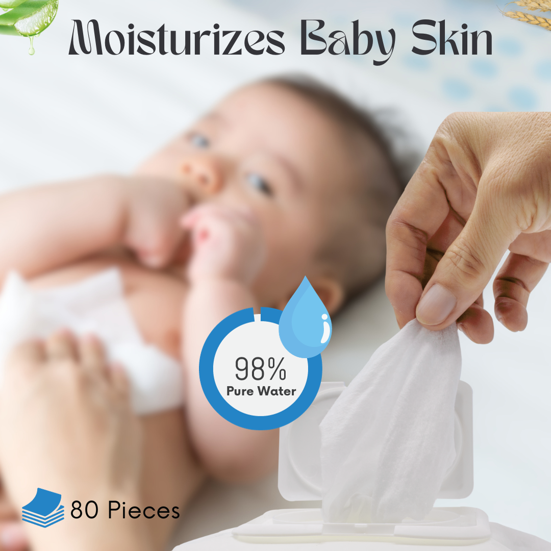 Adore Basics India's First Ever Baby Wet wipes with Oat Extracts- 98% Water-Goodness of Aloe vera & Vitamin with lid- Pack of 80pc*5 Packs