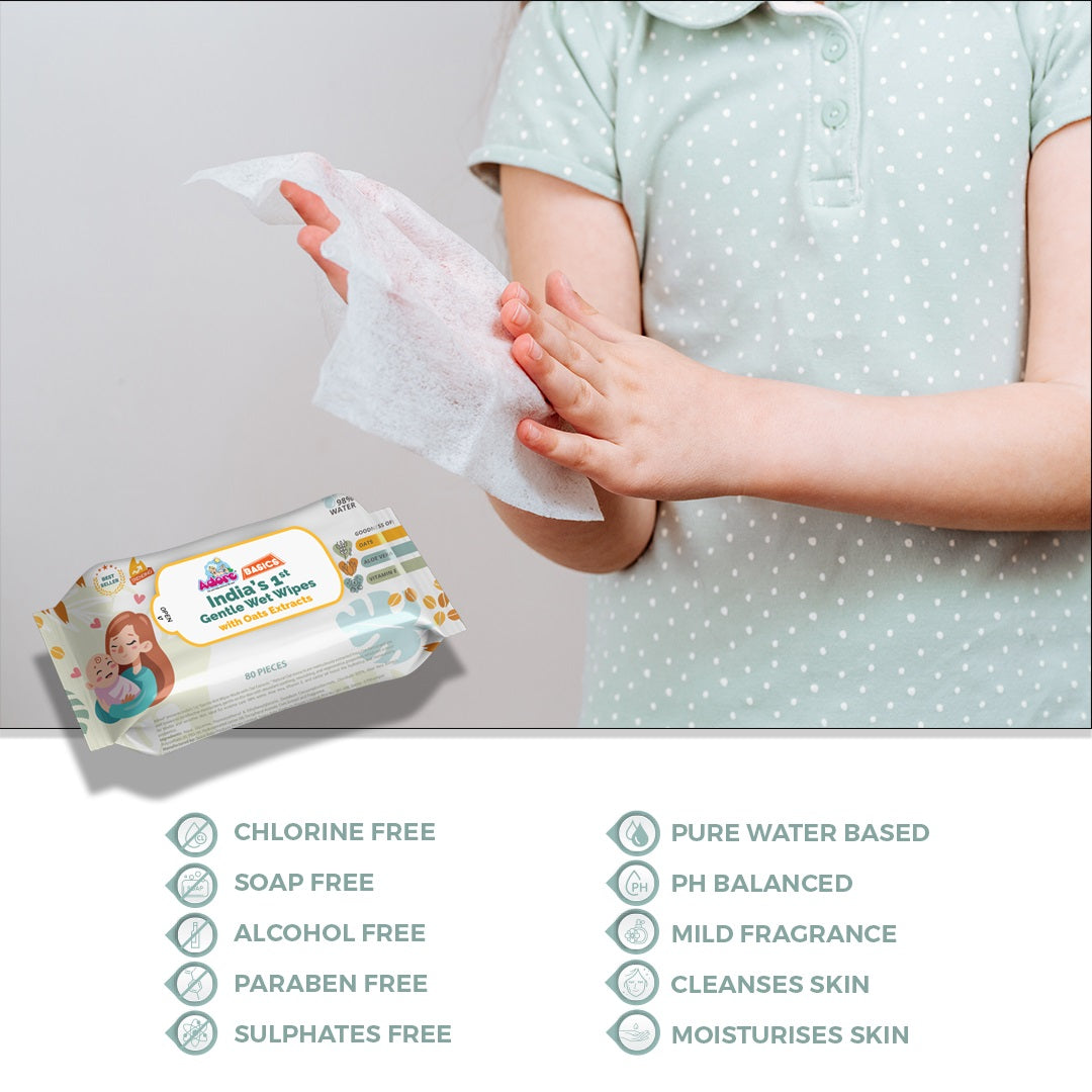 Adore Basics India's First Ever Baby Wet wipes with Oat Extracts- 98% Water-Goodness of Aloe vera & Vitamin- Pack of 80pc*1 Packs