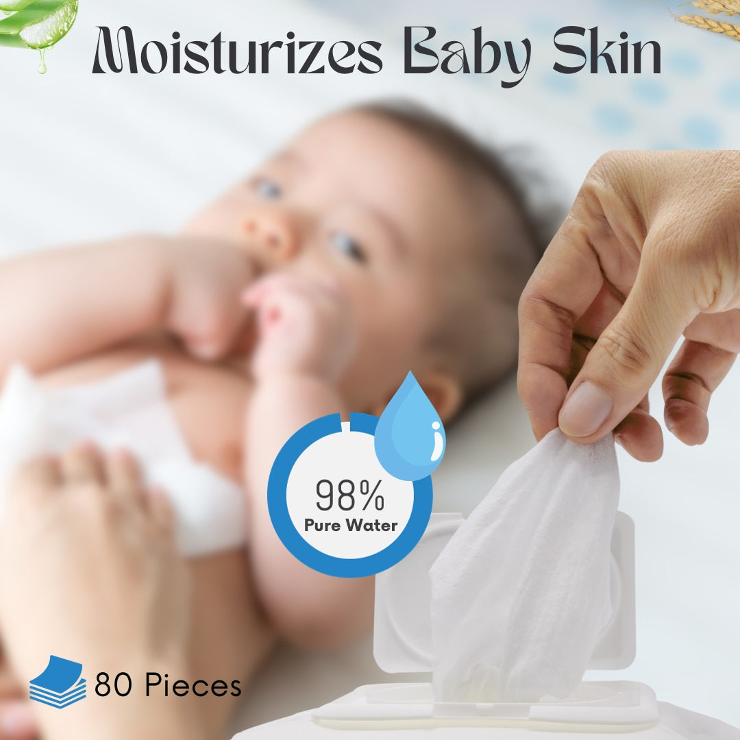 Adore Basics India's First Ever Baby Wet wipes with Oat Extracts- 98% Water-Goodness of Aloe vera & Vitamin- Pack of 80pc*1 Packs