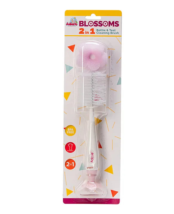 Adore Blossoms 2 in-1 Baby Bottle Cleaning Brush Kit with Silicone Suction Base - Pink