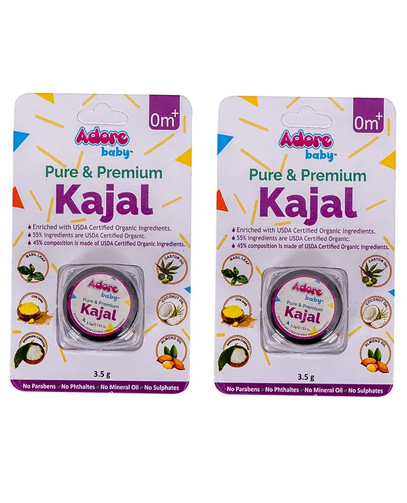 Adore Baby Pure & Premium Kajal 3.5g Each- Pack of 2- With USDA Certified Ingredients
