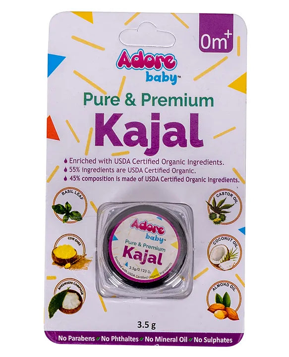 Adore Baby Pure & Premium Kajal 3.5g Each- Pack of 2- With USDA Certified Ingredients