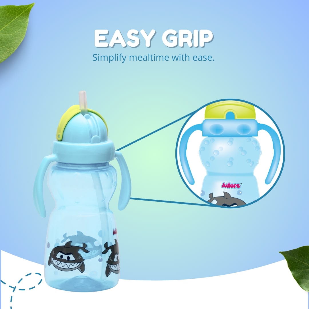 Adore Zing! The Amazing Straw Sipper with Twin Handle- Flip N Sip- 300ml Blue