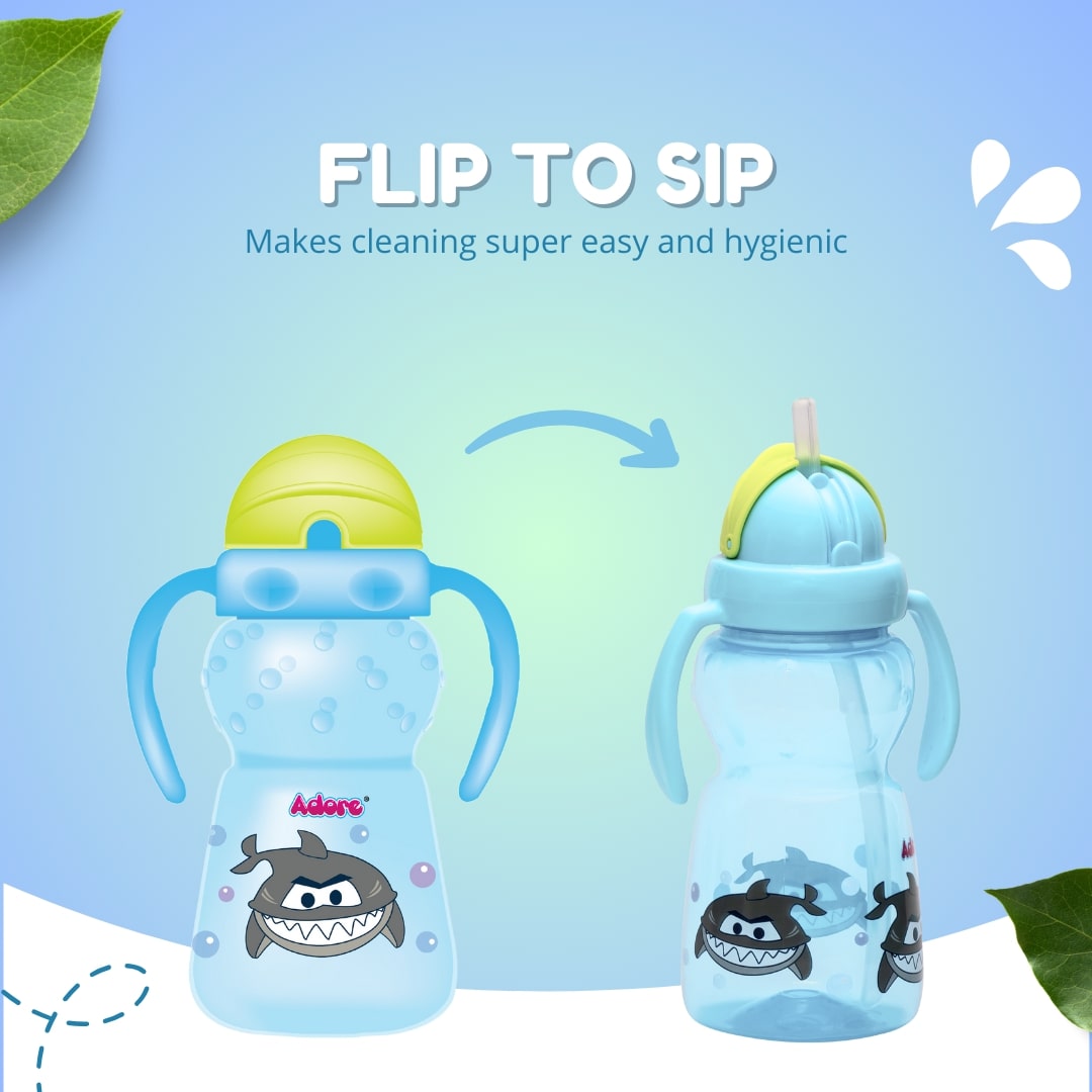 Adore Zing! The Amazing Straw Sipper with Twin Handle- Flip N Sip- 300ml Blue
