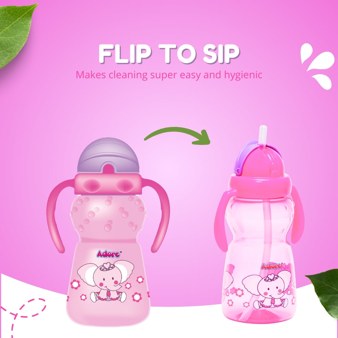 Adore Zing! The Amazing Straw Sipper with Twin Handle- Flip N Sip- 300ml Pink