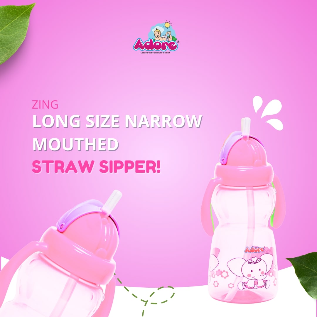 Adore Zing! The Amazing Straw Sipper with Twin Handle- Flip N Sip- 300ml Pink