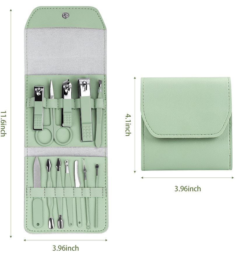 Adore KAMIKAZE! 12 pc Pedicure ,Manicure & Ear Cleaning set with case - Green