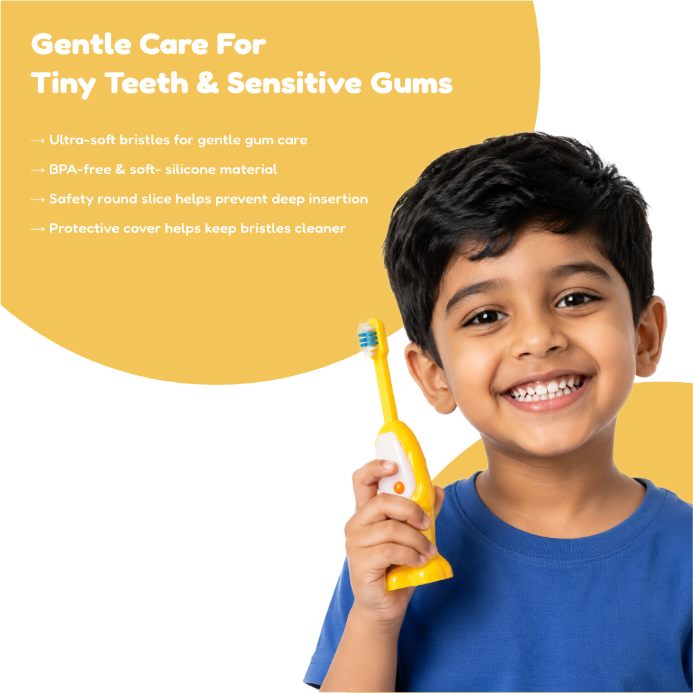 Adore Kids Pop Up Toothbrush with Safety Head Attractive Character - Yellow Cow