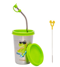 Adore Bliss Printed Stainless Steel Tumbler with Straw, Closed Lid, Straw Lid, Straw Brush- 300ml - Green - 1pc