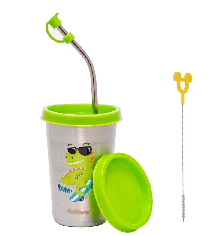 Adore Bliss Printed Stainless Steel Tumbler with Straw, Closed Lid, Straw Lid, Straw Brush- 300ml - Green