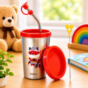 Adore Bliss Printed Stainless Steel Tumbler with Straw, Closed Lid, Straw Lid, Straw Brush- 300ml - Red