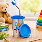 Adore Bliss Printed Stainless Steel Tumbler with Straw, Closed Lid, Straw Lid, Straw Brush- 300ml - Blue