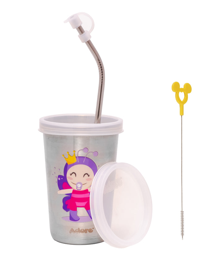 Adore Bliss Printed Stainless Steel Tumbler with Straw, Closed Lid, Straw Lid, Straw Brush- 300ml - White and Purple