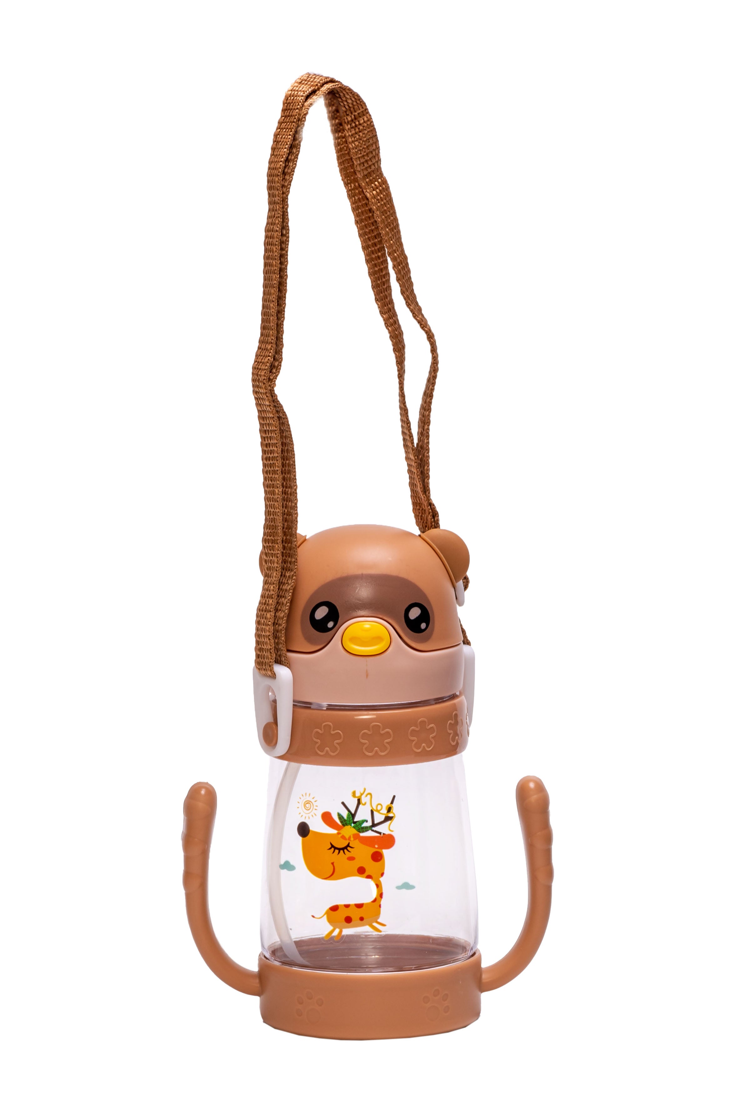 Adore Bear Hug! The U Shaped Twin Handle Straw Sipper with Adjustable Strap - Brown