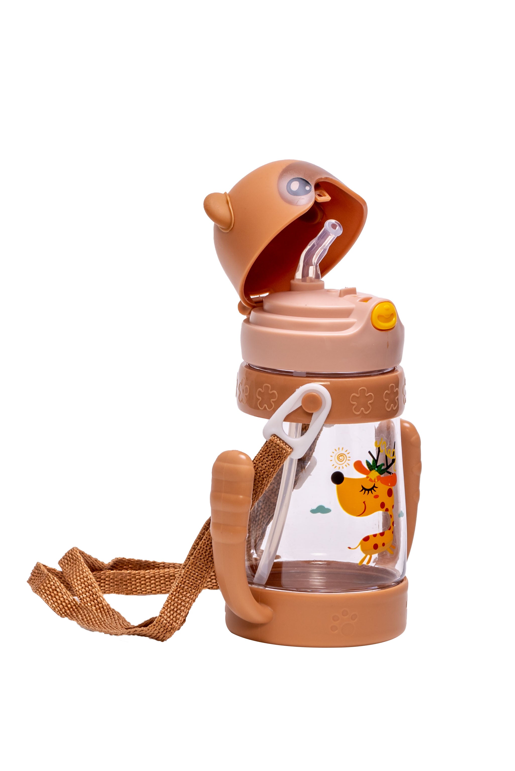 Adore Bear Hug! The U Shaped Twin Handle Straw Sipper with Adjustable Strap - Brown