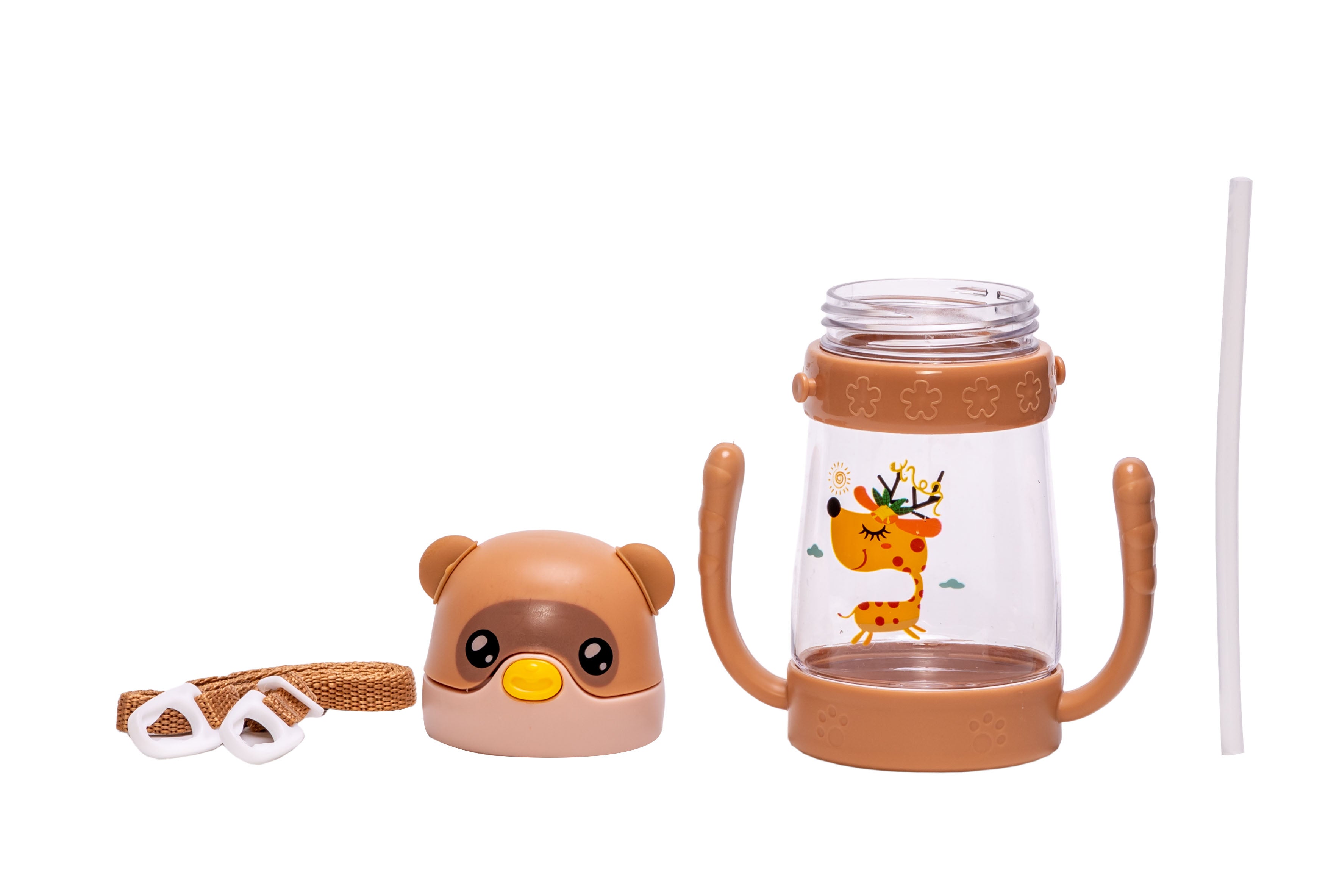 Adore Bear Hug! The U Shaped Twin Handle Straw Sipper with Adjustable Strap - Brown