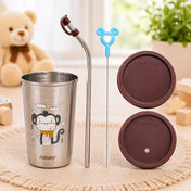 Adore Bliss Printed Stainless Steel Tumbler with Straw, Closed Lid, Straw Lid, Straw Brush- 300ml - Brown