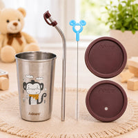 Adore Bliss Printed Stainless Steel Tumbler with Straw, Closed Lid, Straw Lid, Straw Brush- 300ml - Brown - 1pc