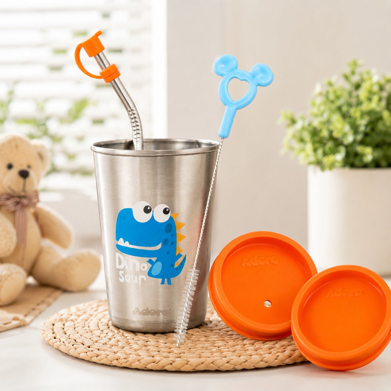 Adore Bliss Printed Stainless Steel Tumbler with Straw, Closed Lid, Straw Lid, Straw Brush- 300ml - Orange
